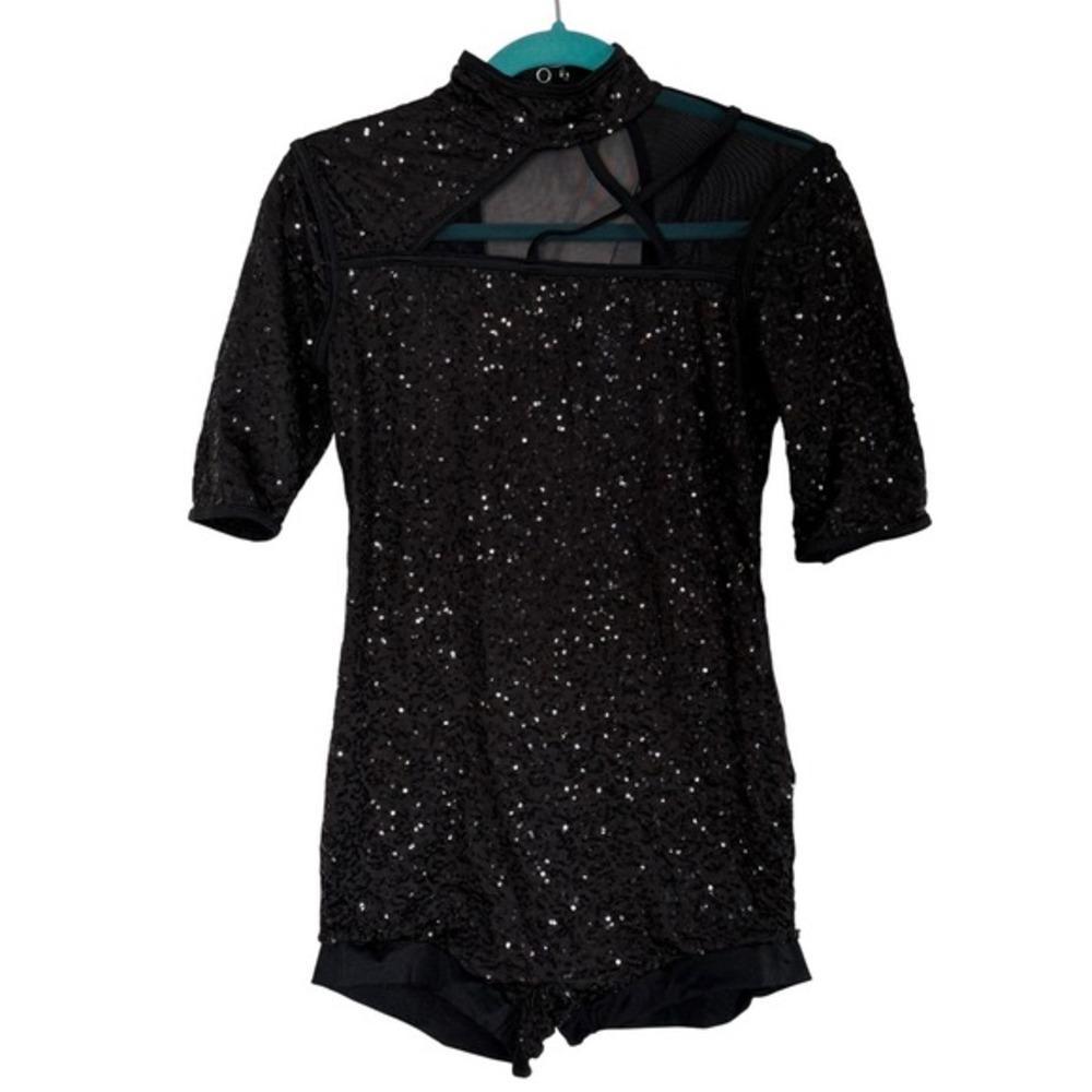 Weissman Black Sequin Leotard Mock Neck Mesh Cutout Dance Costume 12532 Large LA
